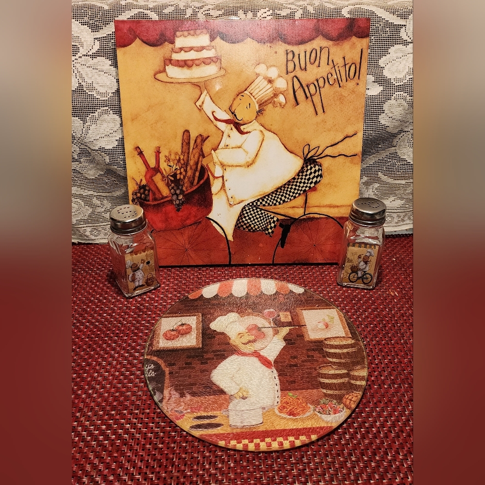 Fat Chef Wall Decor, Fat Chef Trivet, and Fat Chef Salt and Pepper Set